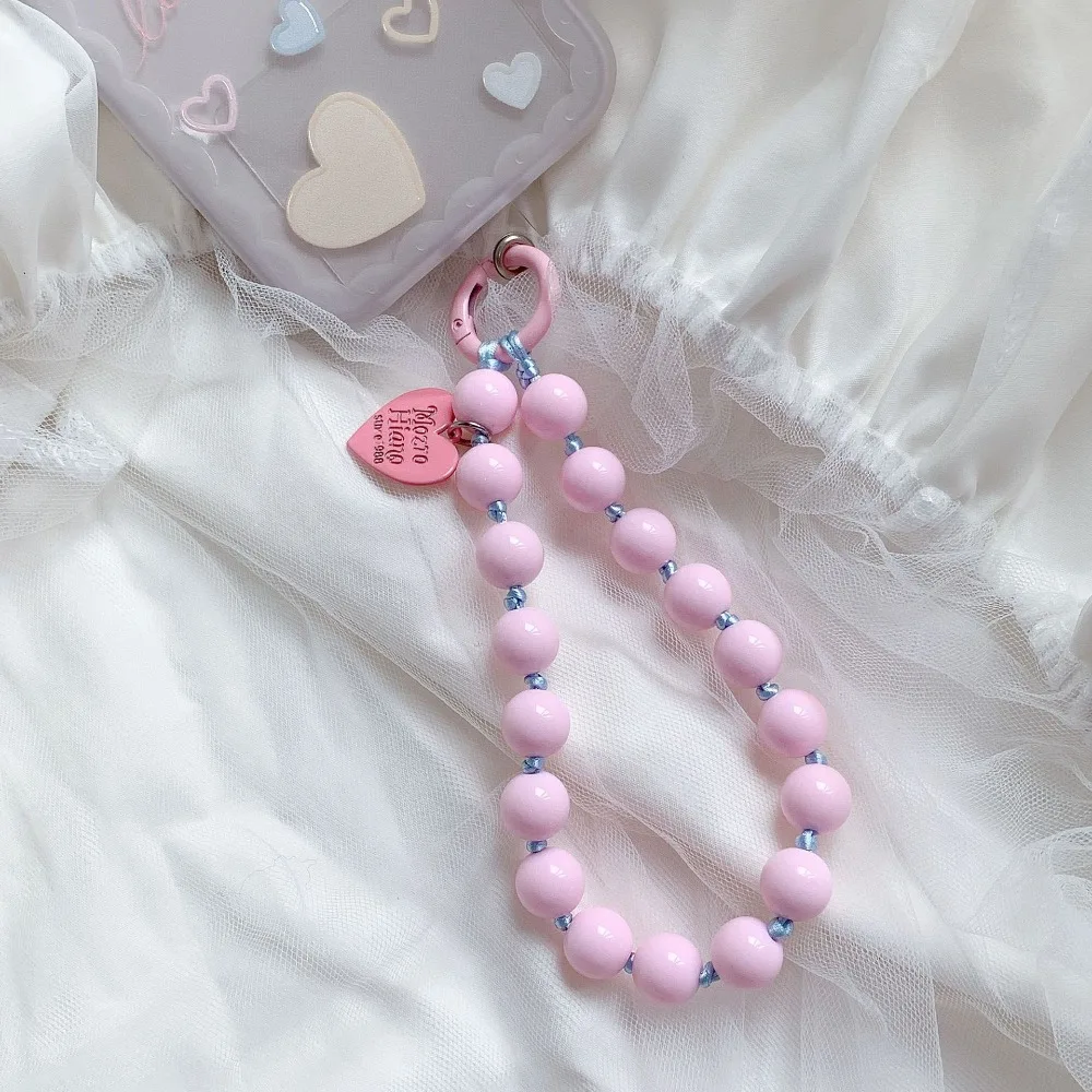 Korean Cute Love Heart Beaded Colorful Sweet Phone Bracelet For iPhone Women Accessories Anti-Lost Chain Lanyard Hanging Cord