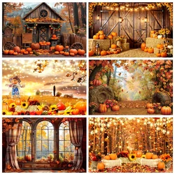 Fall Thanksgiving Background Wooden Door Barn Autumn Pumpkin Maple Leave Sunflower Halloween Decoration Photography Backdrop