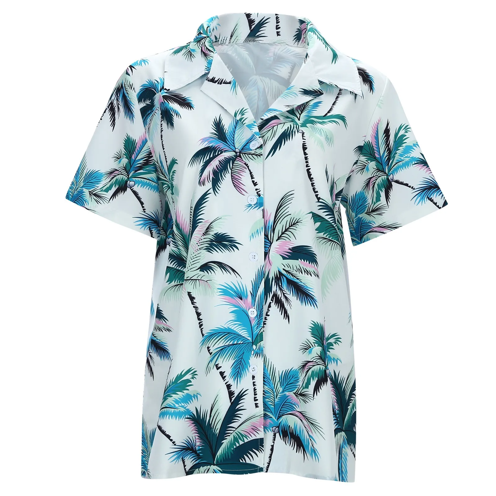 Hawaiian Tropic Woemn Casual Shirts 2024 Summer Vintage Coconut Tree Print Short Sleeve Lapel Button Up Tees Tops Beach Camisas