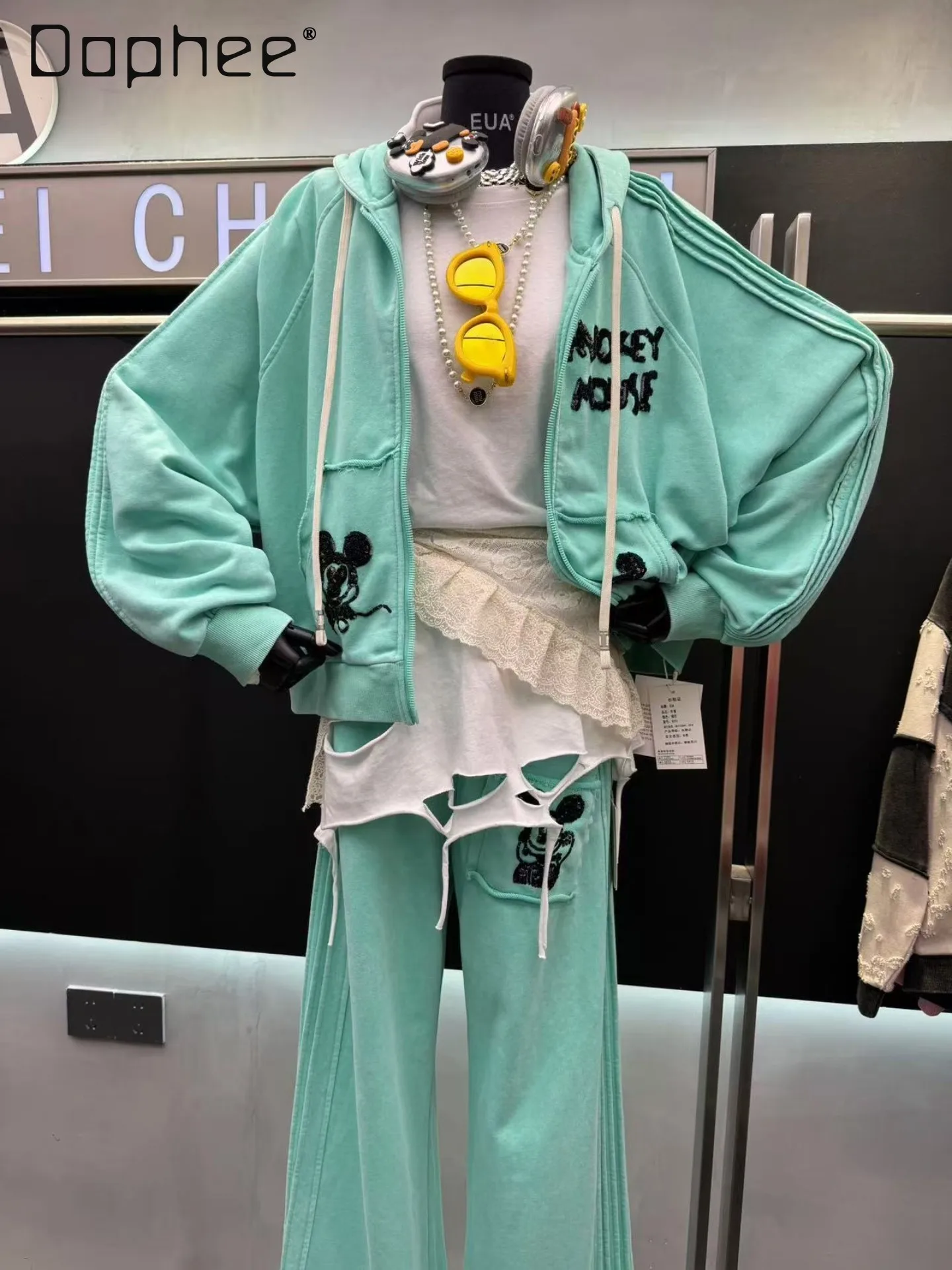 

2026 Spring and Autumn New Heavy Sequin Embroidery Cartoon Letter Zipper Sweatshirt Women Loose Versatile Casual Pants Set