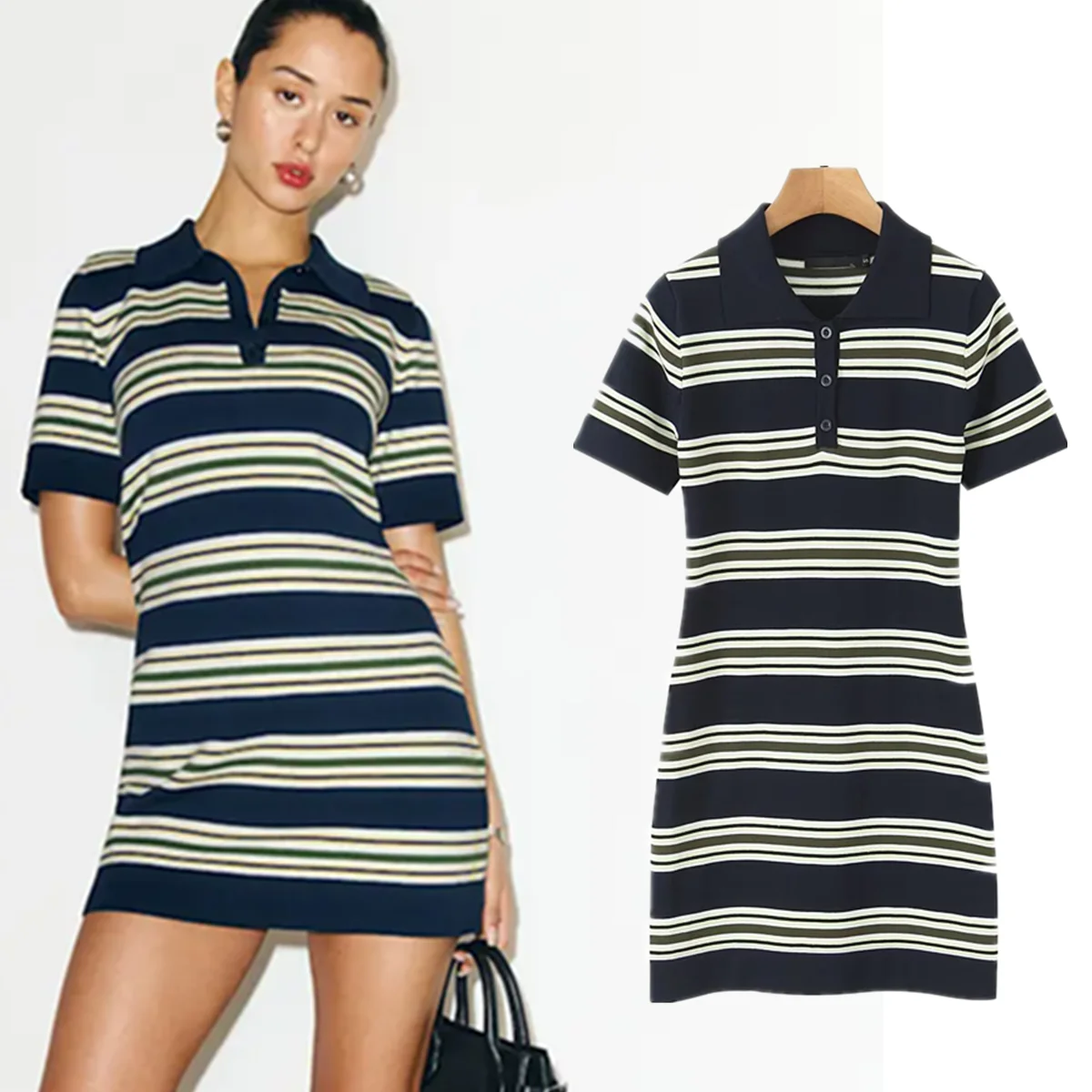 

Dave&Di Nordic Minimalist Retro Striped Short-sleeved Dress Polo Collar Straight Long T-shirt Dress For Women Mini Dresses Vesti