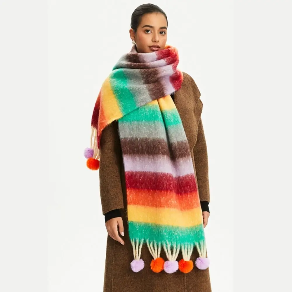 Classic Mohair Plaid Wool Scarf Loop Yarn Long Rainbow Tassel Shawl Thick Korean Style Women Cape Autumn Winter