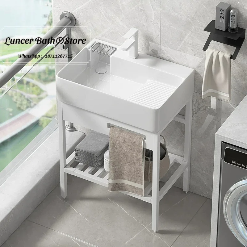 Stainless steel white base frame laundry basin, with integrated ceramic sink for dishwasher, for outdoor use