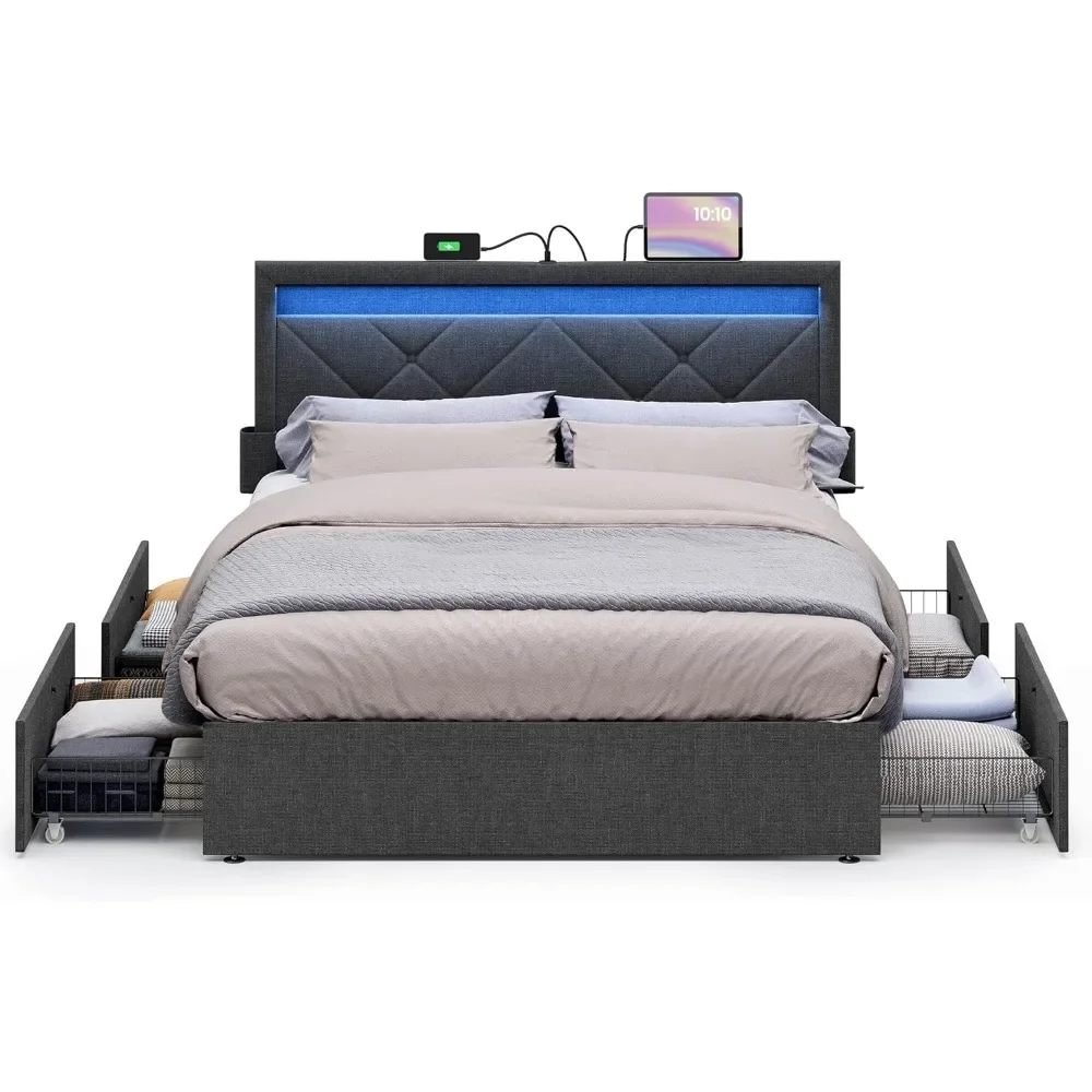 Bed frame full size with headboard, 4 drawers, 1 USB port, 1 C-port, adjustable padded headboard, no need for a box spring