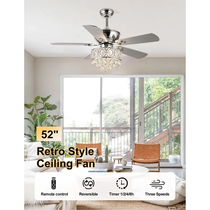 52 Inch Ceiling Fan with Light and Remote Control Modern Crystal Chandelier Decorative Lighting Fixture for Living Room