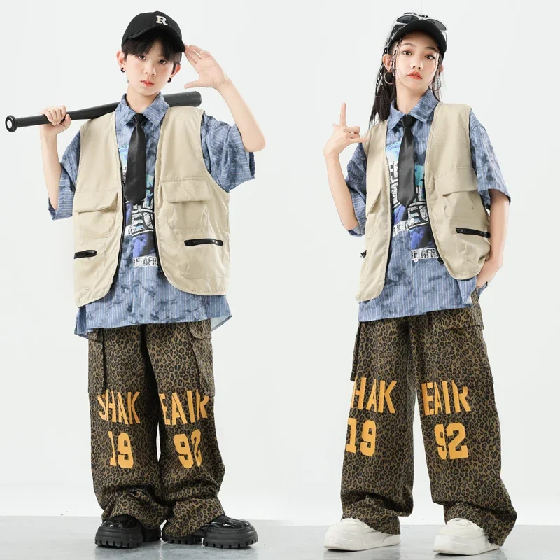 

Одежда в стиле хип-хоп для мальчиков, жилет, брюки-карго, одежда для уличных танцев K-pop для девочек, жилет, комплекты детской одежды, крутые костюмы для детского шоу