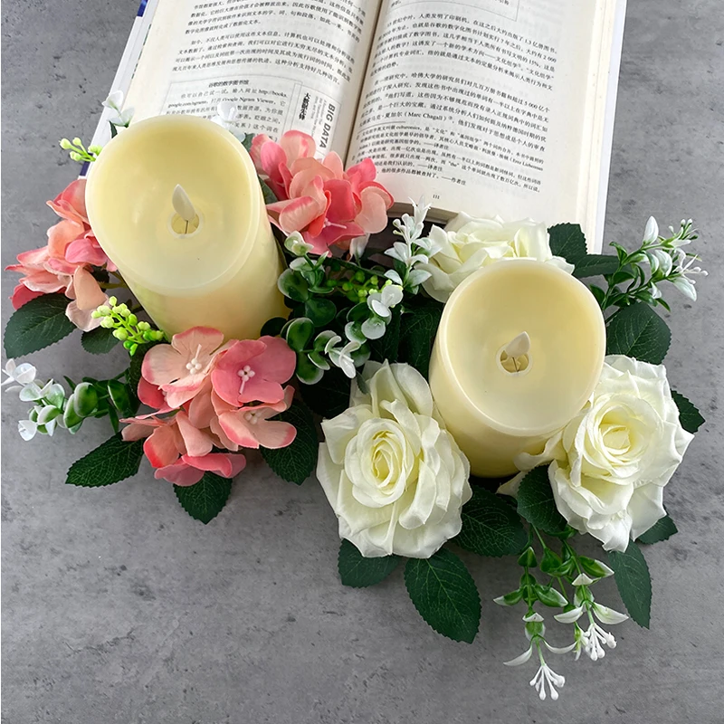 Mini Artificial Flower Wreath Rose Hydrangea Pinecone Berry Candlestick Wreath Wedding Christmas Table Candle Ring Home Décor