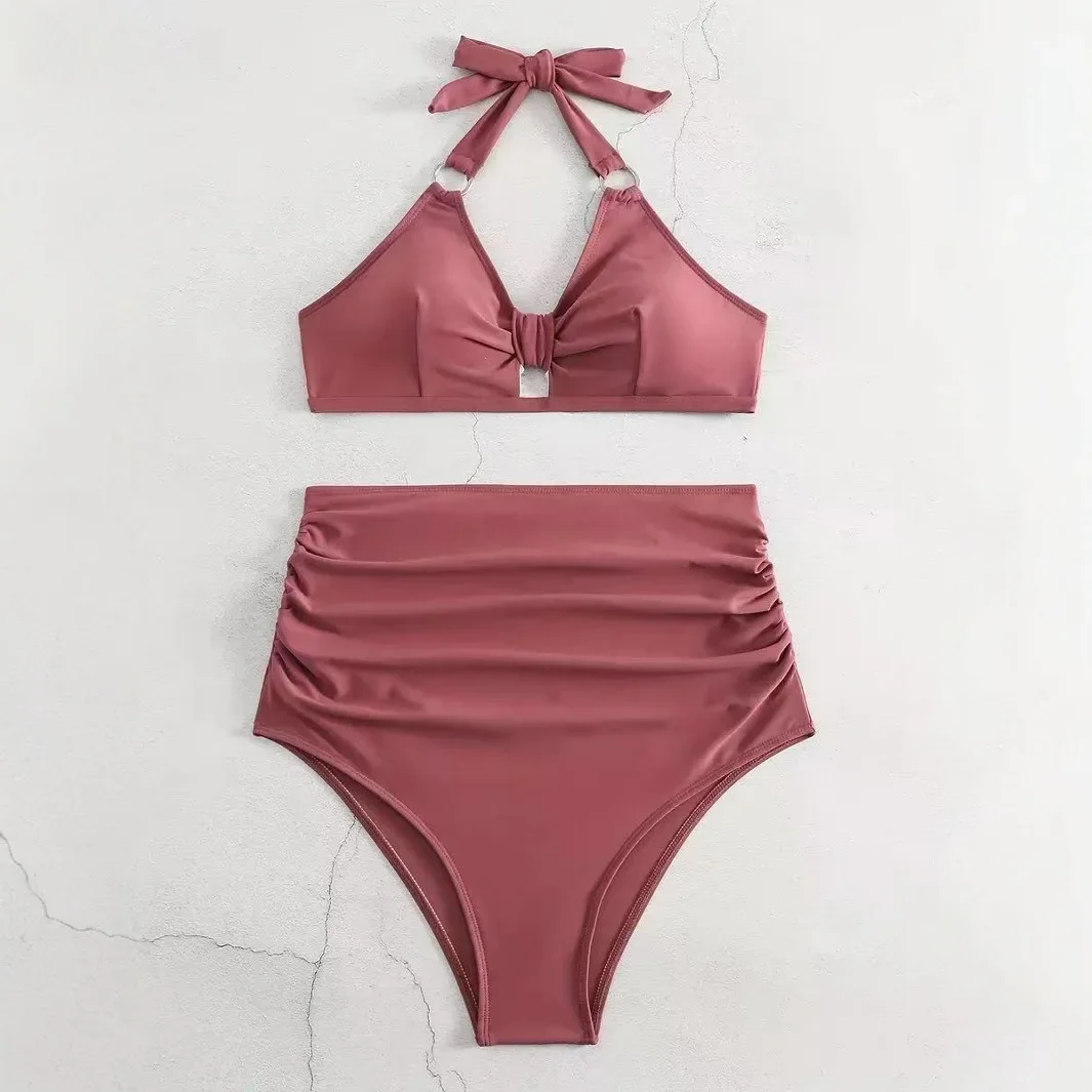 

New Pure Color Sexy High Waist Bikini Swimming Suit Cross-Border High Waist Wrinkled Triangle Separate Swimwear