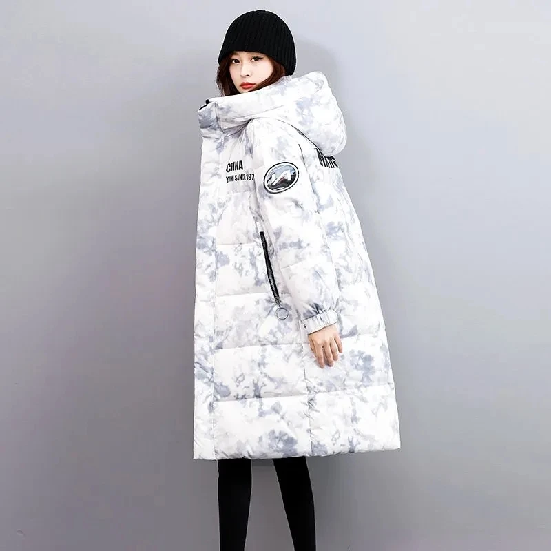 White Duck Down 90% Coat Women 2022 Winter New Fashion Loose Casual Down Jacket Female Long Hooded Printing Thick Warm Parkas