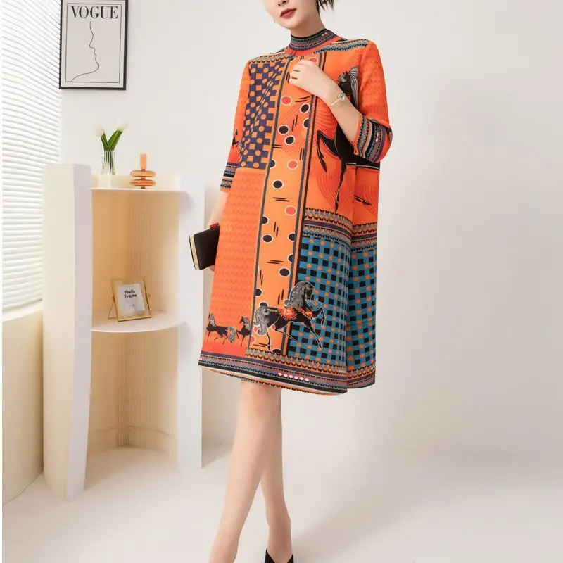 Folded Dress Spring and Autumn New Fashionable Ethnic Style Printed Half High Neck Loose Slim Mid length Dress