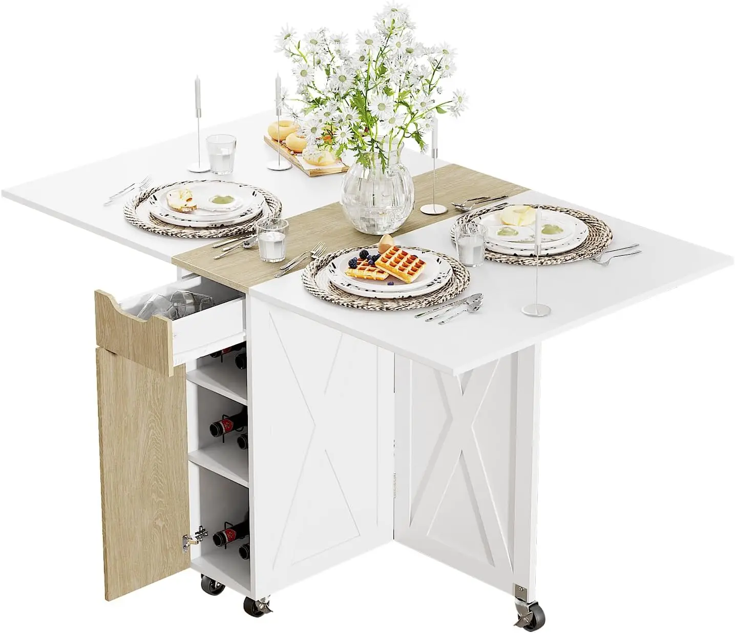 

Folding Dining Table, Space Saving Table with 6 Wheels for Small Spaces (White)