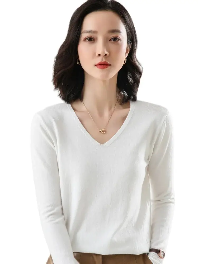 Fashion Basic  Women Merino Wool Sweater  Cashmere Pullover V-Neck Knitwear Slim Solid Collar