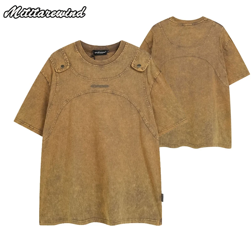 

Washed Distressed T Shirts Men Heavy Stitching Embroidery Letters Oversized T Shirt Cotton Buttons Streetwear Vintage T-shirts