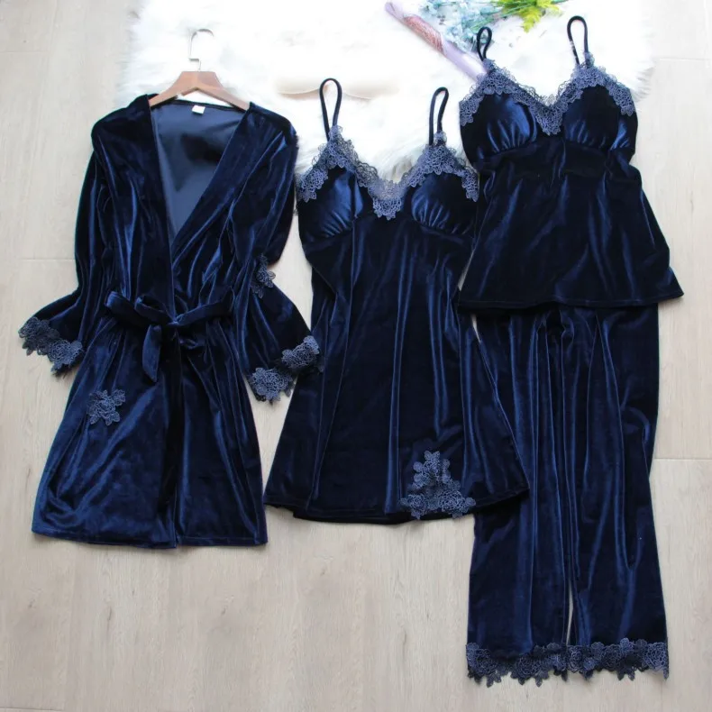 Autumn Winter Velvet Pajamas Four Piece Set Women Sleepwear Sexy Lace Trim Bathrobe Nightgown Loose Velour Homewear Pijamas Suit