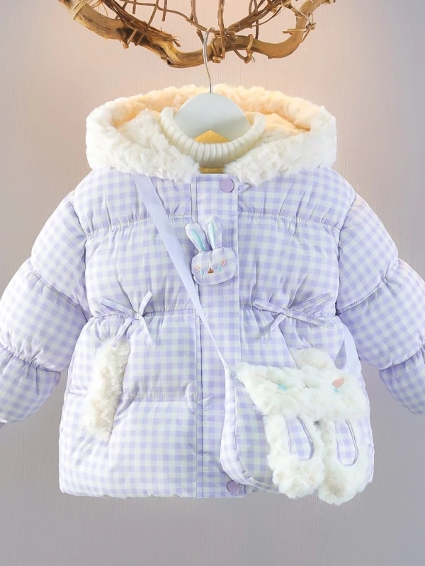 

Хлопковая куртка Thiened в клетку для девочек с шапкой-кроликом, зимнее пальто, свободная посадка, длинная застежка-молния, китайское производство