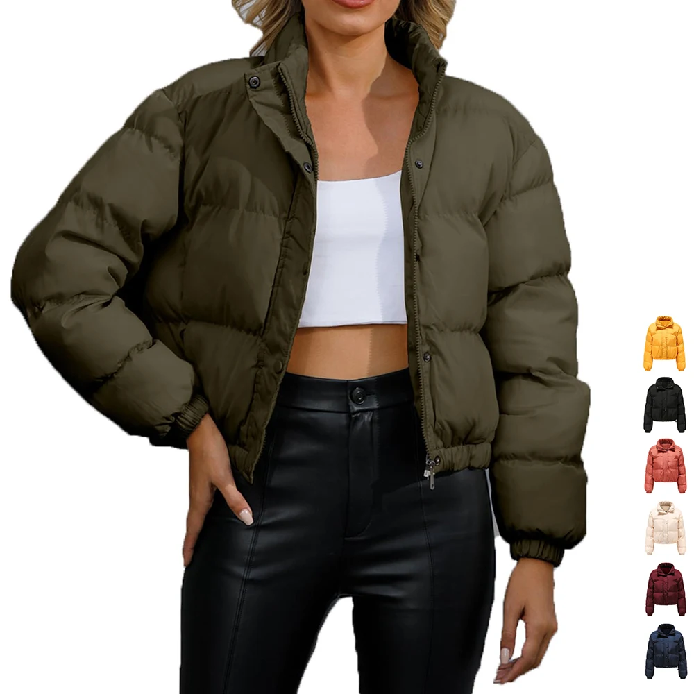 

Women's Winter Jackets Quilted Padded Coat Zip Up Fleece Down Cropped Puffer Jacket Long Sleeve Bomber Outwear With Pockets Tops