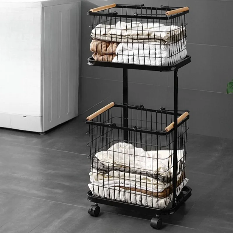 Metal Dirty Laundry Storage Baskets Double-layer Mobile Wheeled Basket Classification Basket Living Room Simplicity Home Storage