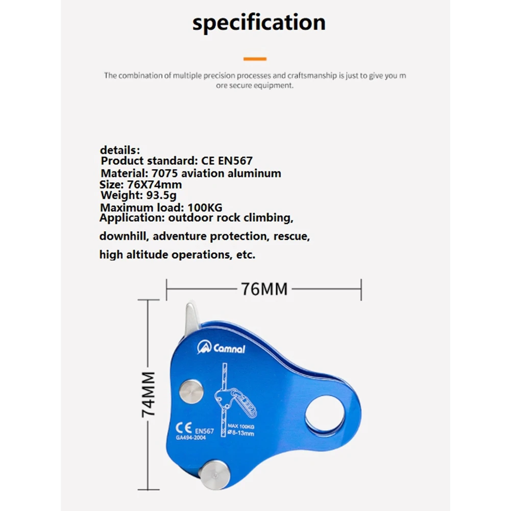 CAMNAL-dispositivo protector de escalada de seguridad, accesorio de 220LB, agarre de cuerda, aparejo de escalada al aire libre, cuerda de 8-13MM, azul