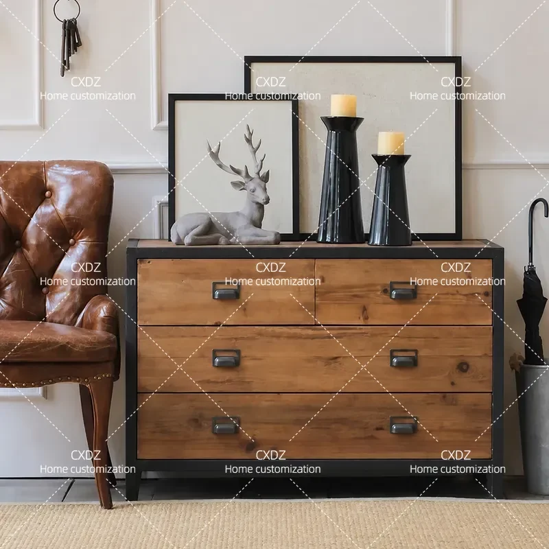 Loft American Style Wrought Iron Solid Wood Retro Chest Entry Door Cabinet Industrial Partition Dining Sideboard Storage
