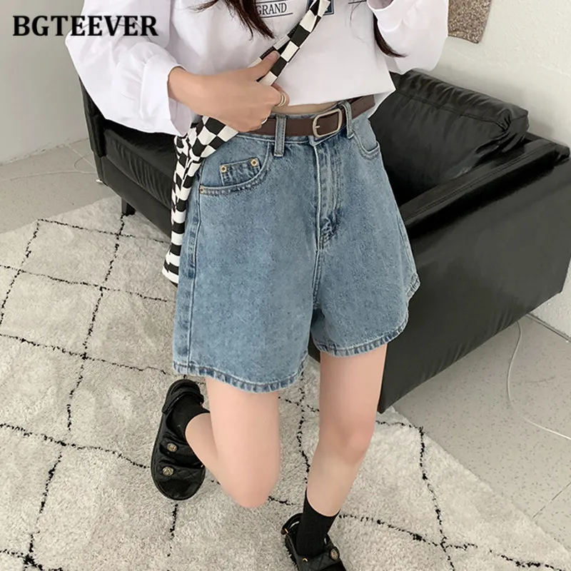 BGTEEVER Summer High Waist Button Female Denim Shorts Casual Loose Pockets Wide Leg Jeans Shorts for Women