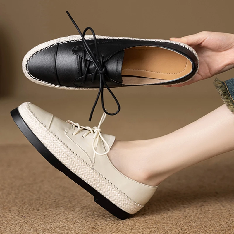 

Women's new leather cowhide lace up woven fabric round toe low heel comfortable plus size single shoe casual shoes