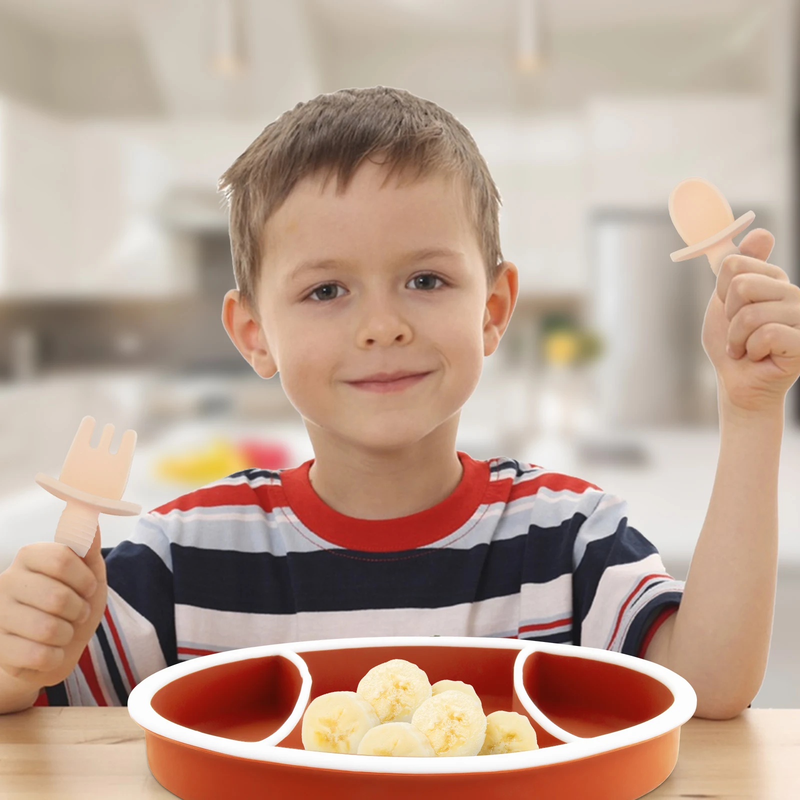 Rugby Silicone Toddler Plates Set Divided Suction Dish with Spoon and Fork for Baby Self Feeding Dishwasher and Microwave