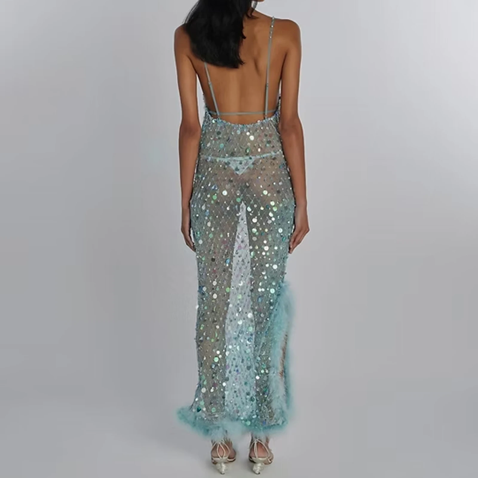 Combhasaki Women Summer Adjustable Spaghetti Straps Backless Shiny Sequins See-through Sheer Side Split Feather Trim Long Dress