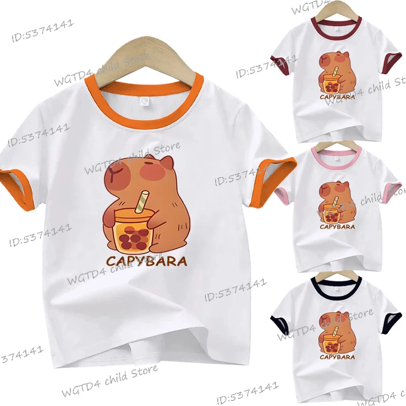 

Baby Girl Boy Clothes Cute Capybara Drinking Boba Bubble Tea Print T-shirt New Cartoon Girls T-Shirts Capybara Lover Gift Tops