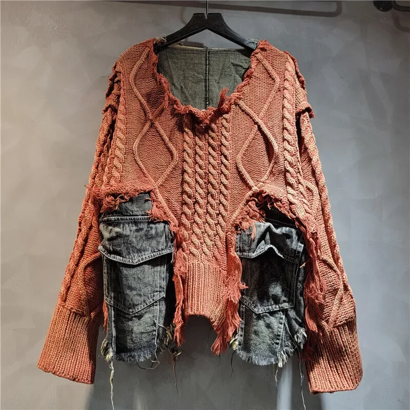 Vintage Long Sleeve Denim Pockets Patchwork V-Neck Orange-red Sweater Loose Tops Old Designs Women Pullover Knitted