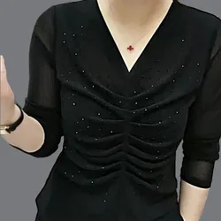 Women's Clothing Spring Autumn Solid Color V-Neck Bright Silk Pullover Long Sleeve Elegant T-shirt Fashionable Casual Tops