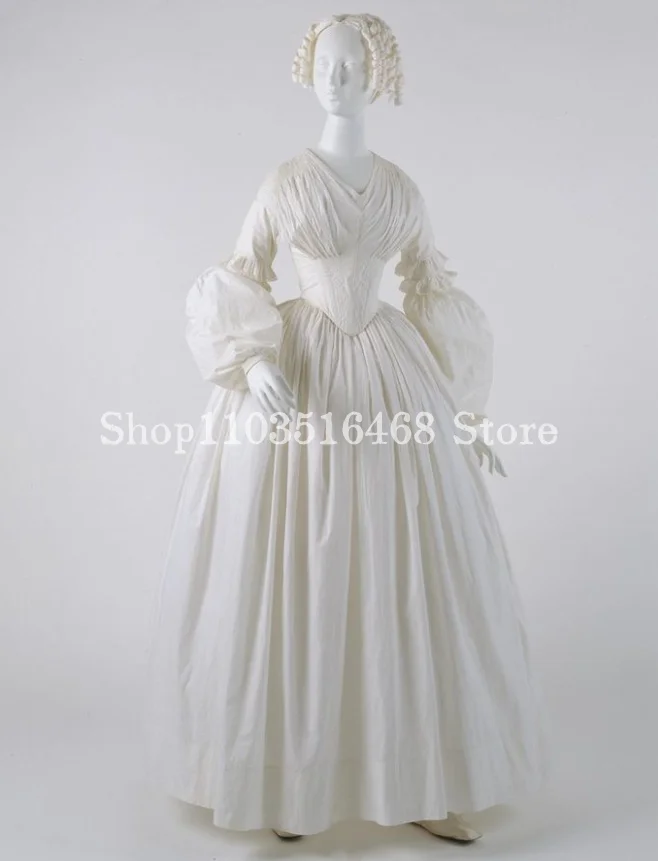 1880s Vintage Victorian Prom Evening Dress Ivory Bubble Long Sleeve Corset Corset Taffeta Renaissance Masquerade فساتين سهرات