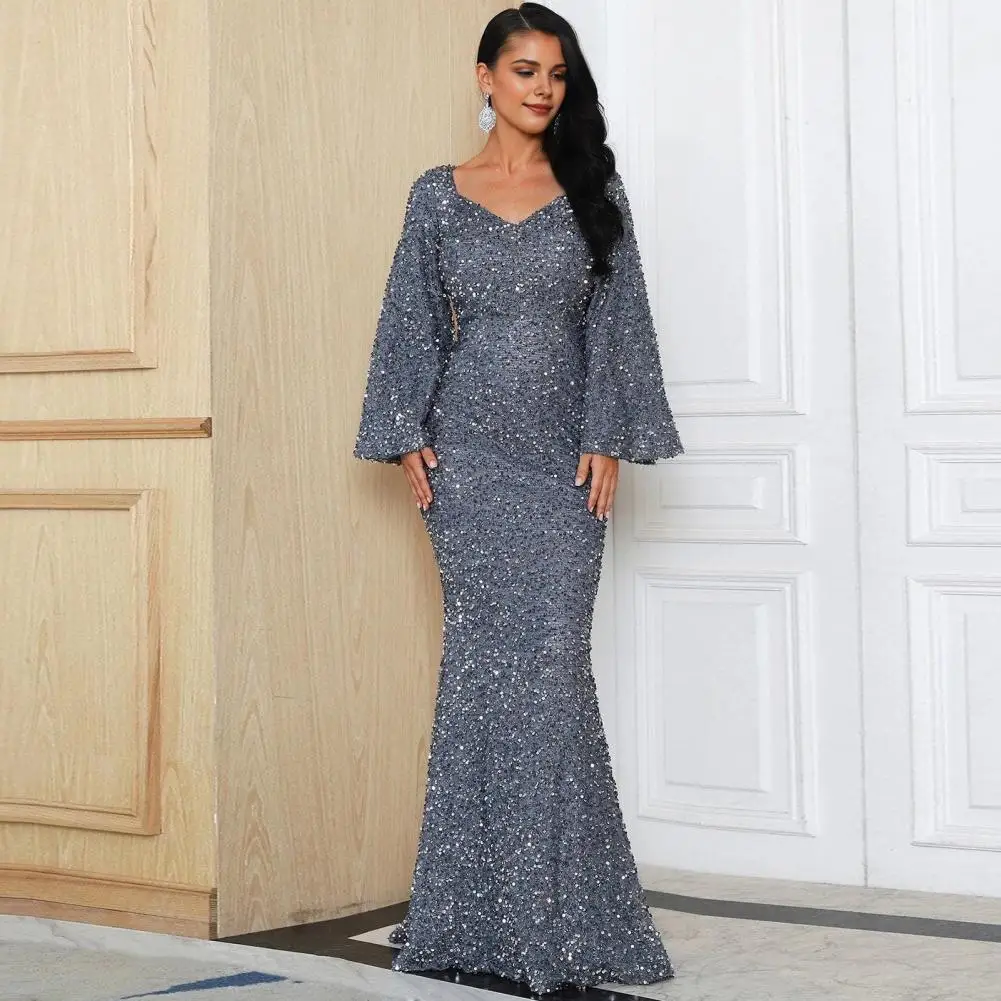 ロング丈ドレス エレガント スパンコール ベルスリーブ イブニングドレス Vネック バックジッパー開閉 Aライン 女性用 特別な用途
