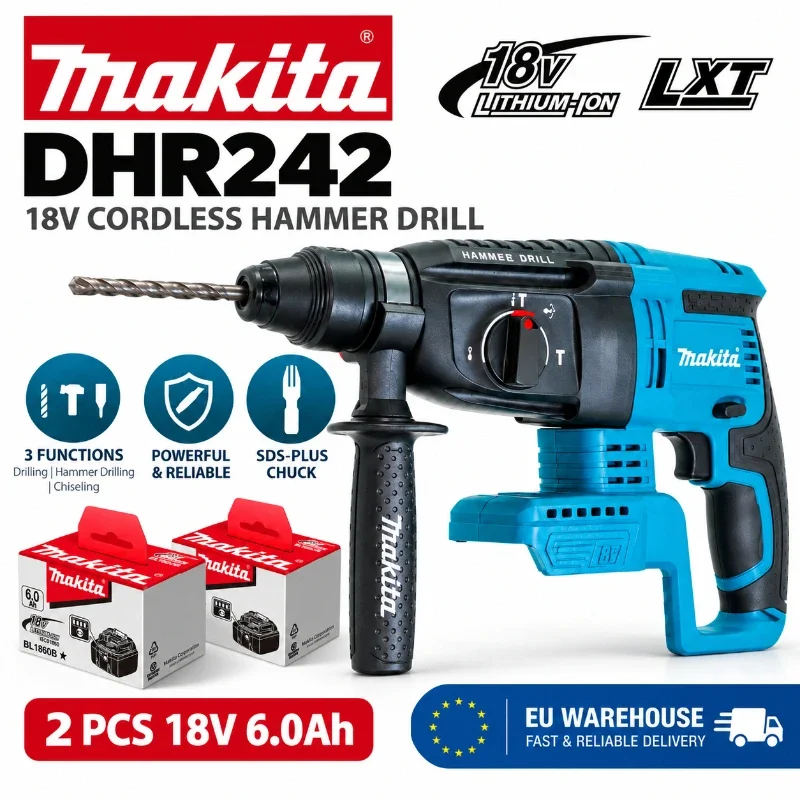 Makita DHR242 18V LXT – bezszczotkowy, akumulatorowy młot wiertniczy SDS Plus, wiertło do betonu 24 mm, 4700 IPM, 2,0 J, 3 tryby pracy, profesjonalne narzędzie o dużej mocy, kompatybilny z