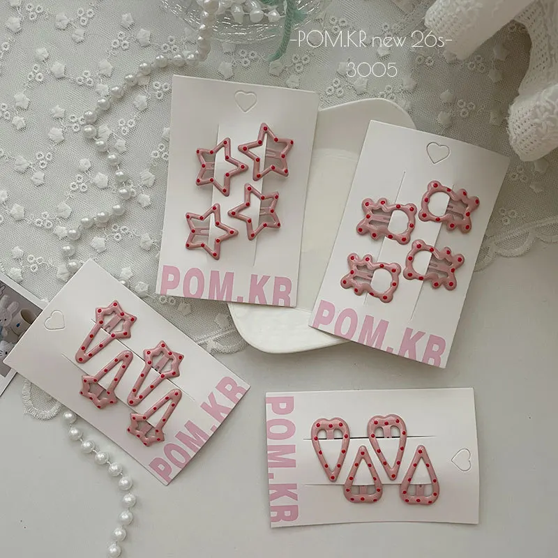 

4pcs Pink Baby Hair Clips Set Basic Snap Metal Drop Clips with Dot Spot Prints Star & Heart BB Barrettes Girls Hair Accessories
