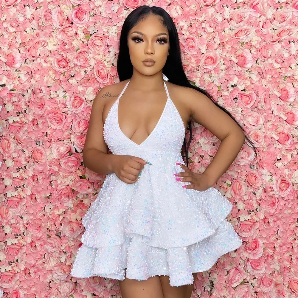 Sexy Sparkly White Cocktail Dresses Halter Neck Mini Length 2025 Homecoming Party Gown Maxi Party Rock Girls Outfits 2023 Plus