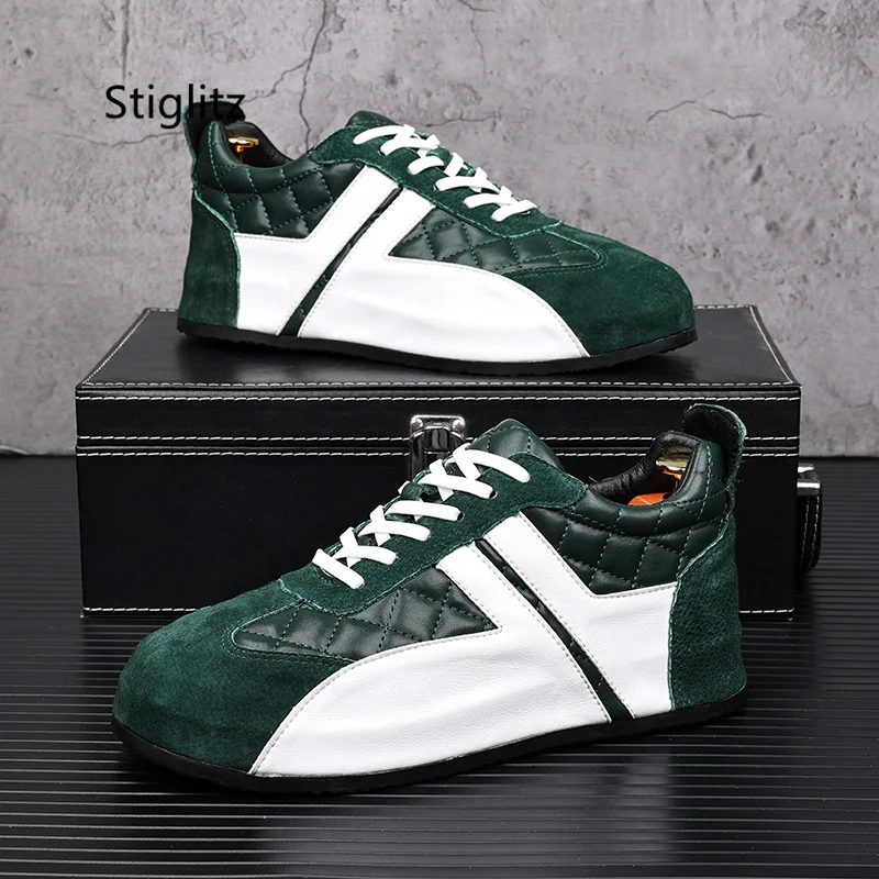 Green Casual Sneakers Shoes for Men Leather Comfortable Breathable Mixed Colors Outdoor Walking Running Hiking Sports Shoes Male