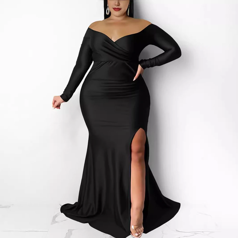 

Элегантное атласное женское вечернее платье больших размеров, сексуальное черное вечернее платье с открытыми плечами и глубоким v-образным вырезом, длинным рукавом, макси-платье с высоким разрезом, Vestidos