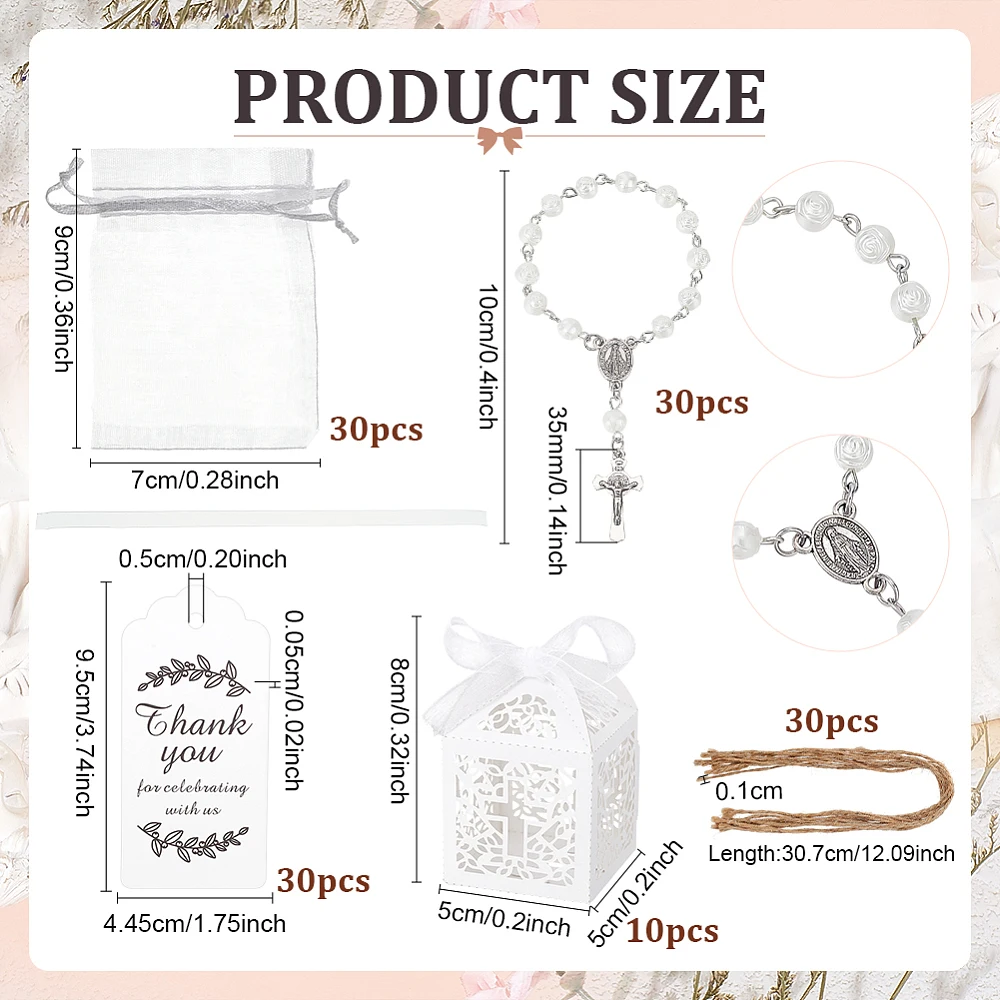 120PCS Baptism Favors Set 3 Set Rosary Beads Pearls Bracelets with Organza Bags Hollow Paper Boxes and Thank You Kraft Tags