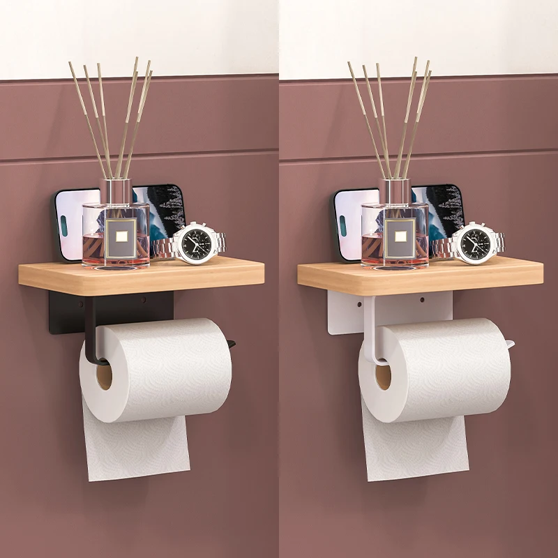 

Wooden Toilet Paper Holder Bathroom Wall Mount WC Paper Phone Holder Shelf Storage Towel Roll Shelf Accessories
