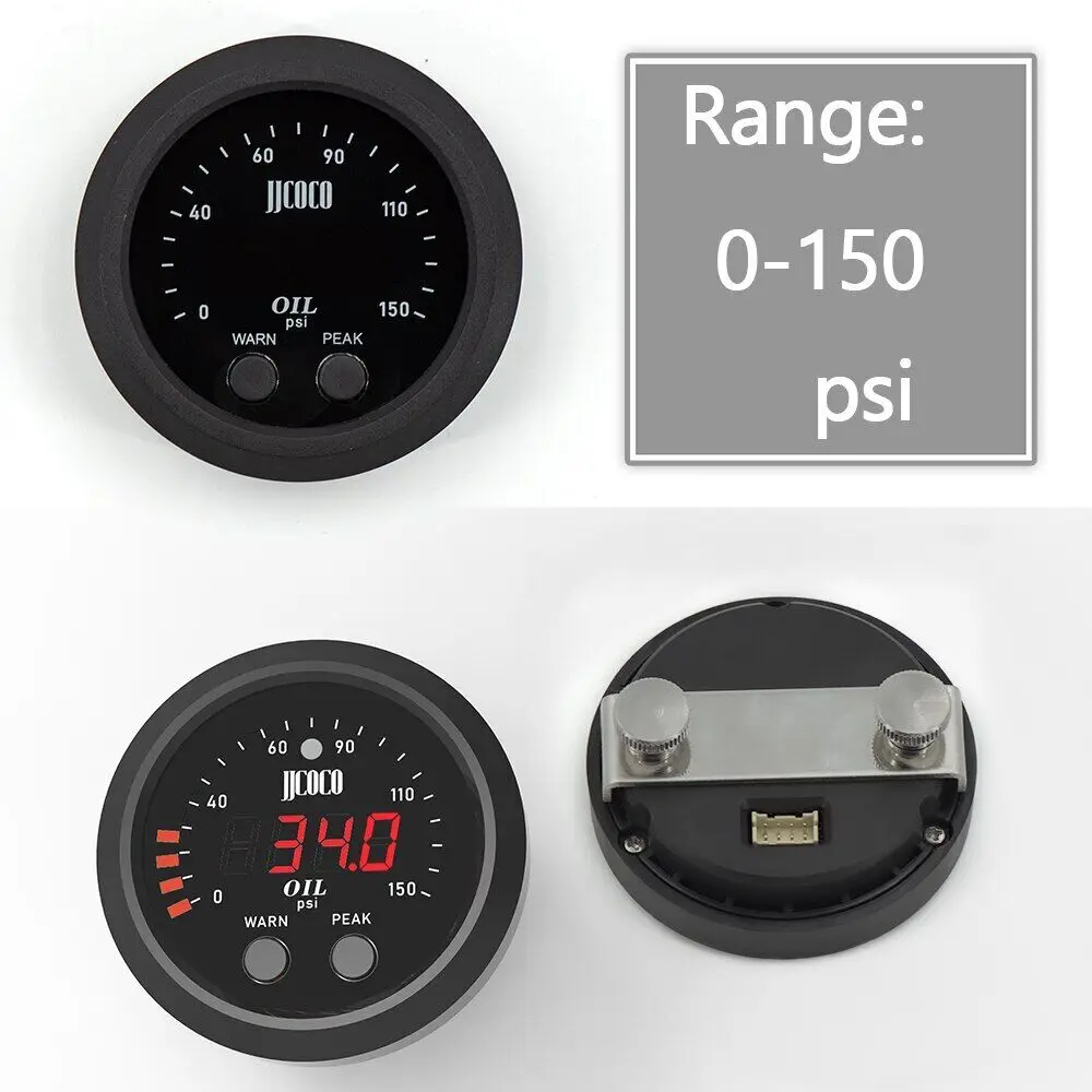 Universal 52MM Auto Electronic Ultra-Thin Round Electronic Oil Pressure Gauge with 1/8NPT Sensor Red Display 0-150psi