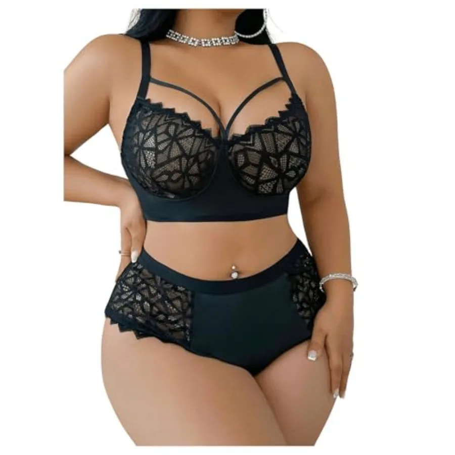 

MakeMeChic Women's Plus Size Lingerie Sets Contrast Lace Cut Out Wireless Bra and Panty Set