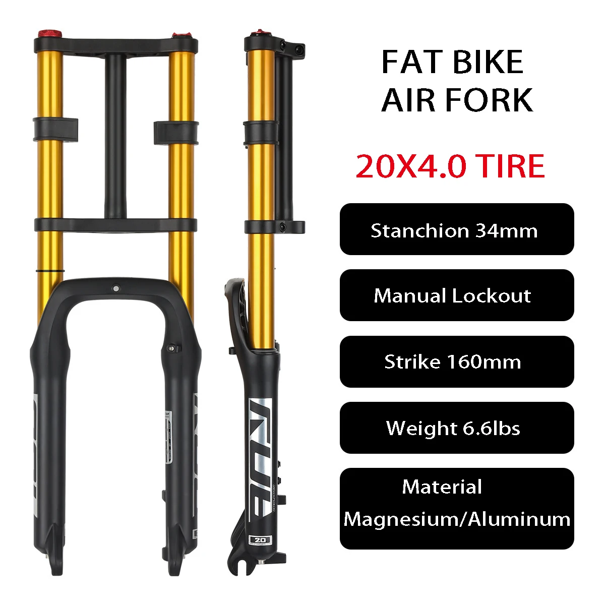 Fatbike Fork 20x4.0 Mtb Double Shoulder Suspension 160mm Strike 34mm Stanchion 28.6mm Steering Tube 160mm Disc Brake 9mm Dropout