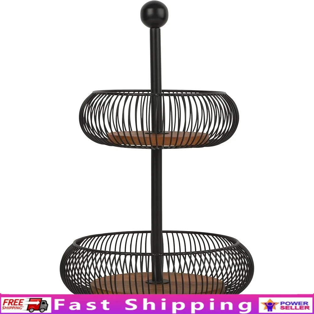 

Decorative 2 Tier Storage Basket Iron Mango Wood Space Saving Design Kitchen Bathroom Countertop Home Decor