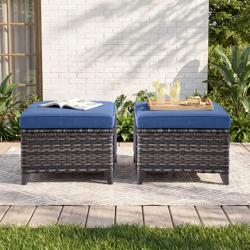 Outdoor Wicker Patio Ottomans Set 2, 250 lbs Rattan Footrest 22.8in*22.8in*14in 3.5in Cushion, Customized