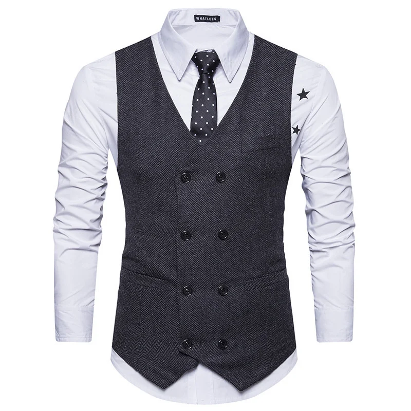 #4817 Office Vests Men Double Breasted Vintage Business Men\'s Vest Regular Fit Office Vests Pockets Dress Vests For Men V-neck