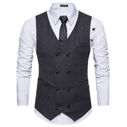 #4817 Office Vests Men Double Breasted Vintage Business Men's Vest Regular Fit Office Vests Pockets Dress Vests For Men V-neck