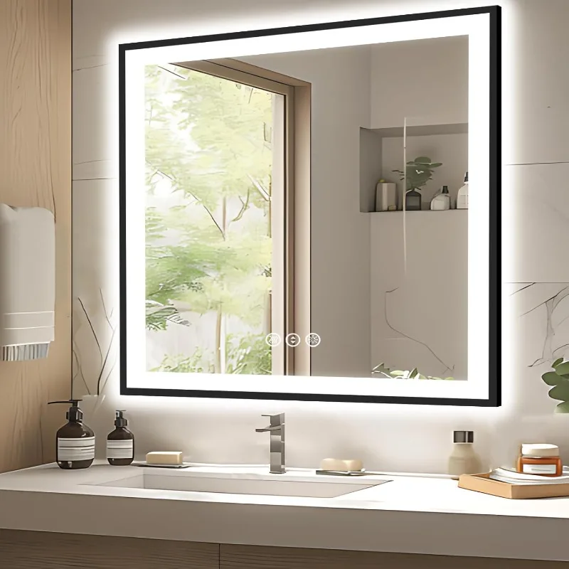 38x38 Bathroom Mirror with LED Lights, Black Square Mirror, Brightness Mirror, Dimmable Illuminated Mirror with Defogging System