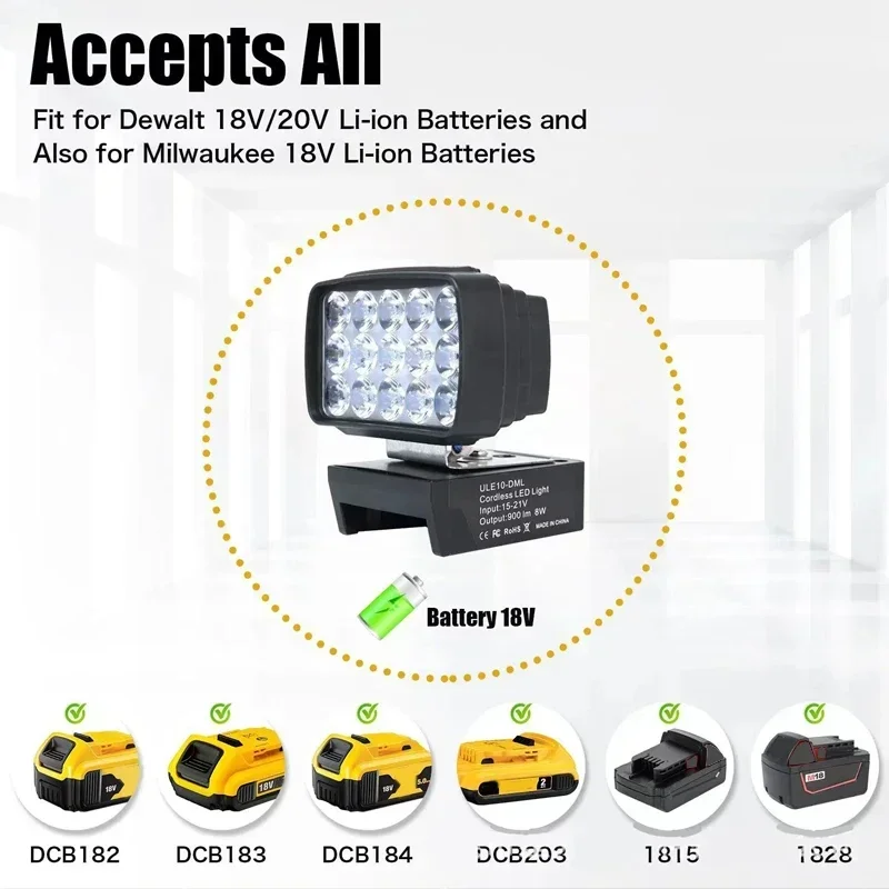 8W LED Work Light For Makita/Dewalt/Milwaukee BL1430 BL1830 Lithium Battery Outdoor Lighting Work Lamp Camping Lighting