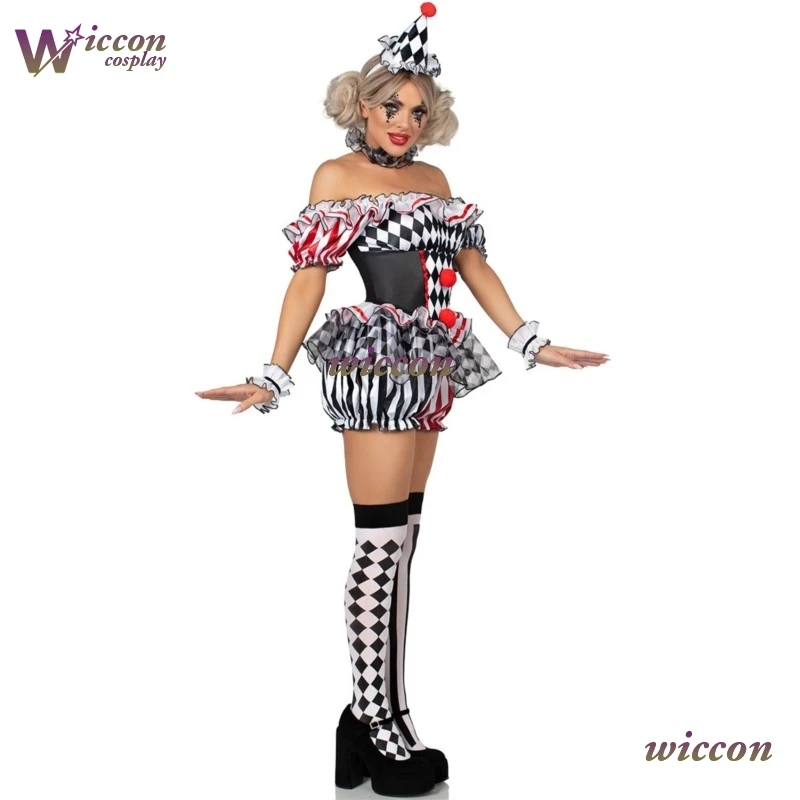 CosC Women Clown Cosplay Costume Circus Performance Outfit RolePlay Halloween Party Carnival Jester Dress Theater Stage Suit‌
