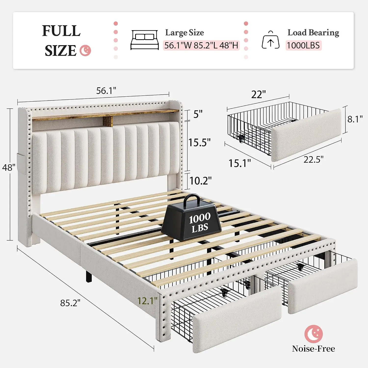 Full Full Size Bed Frame With 2 Drawer & 2 Tier Storage Headboard Shelf, Customized - Aliexpress Deal